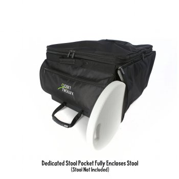 Photograph of the stool pocket. Closet Trolley holds a stool like Dream Duffel Dance Bag, Rac n roll and other dance bag. Closet Trolley dance bag with rack fully encloses dance stool in pocket.