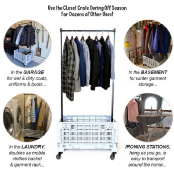 Photo showing the Closet Crate that is included with the Closet Trolley Rolling Duffle Dance Bag. Image shows the things that Closet Trolley features that other brands like Dream Duffel and Ovation Don't.